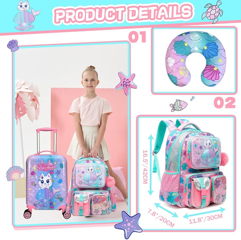 Inprof Cute Cat Kid's Luggage Set - 5 Piece Hardside Suitcase Set with Spinner Wheels - Airline Approved - Image 3